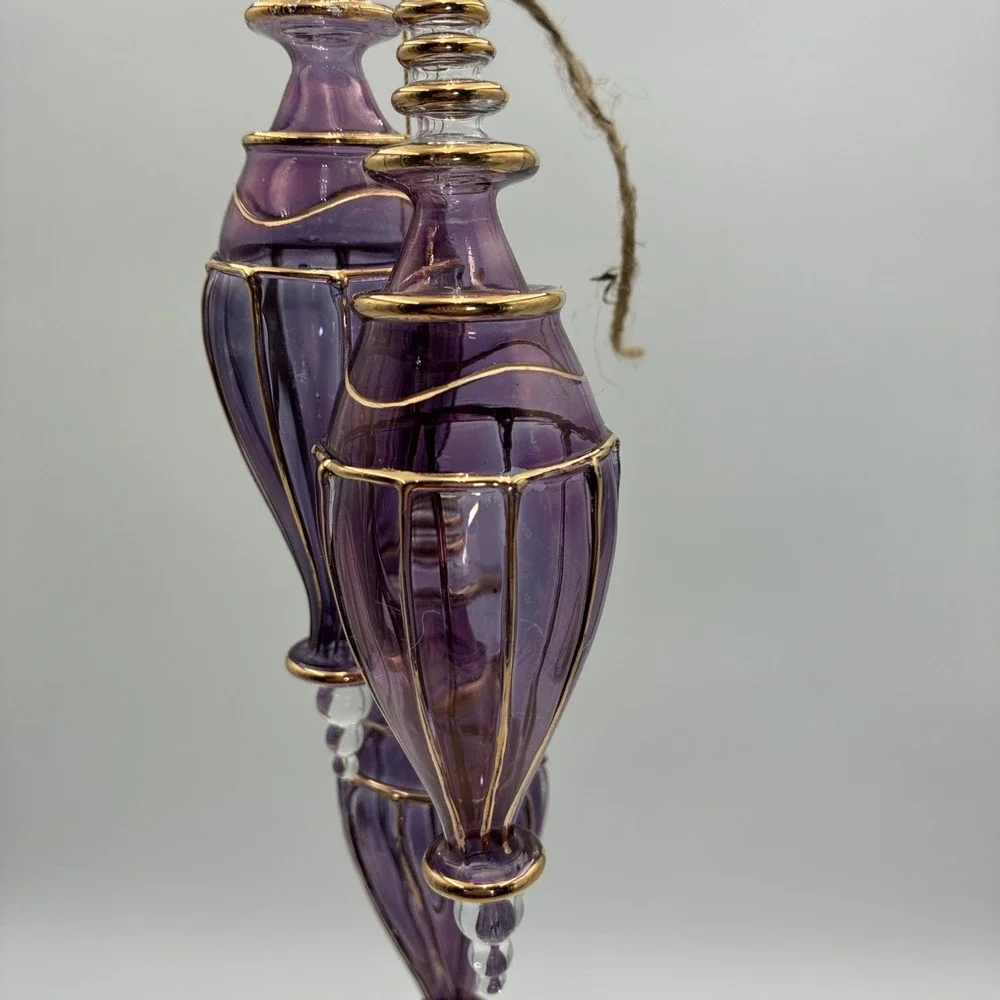 Purple Hand Blown Glass Ornaments Gold Filigree Teardrop Finial Set of 3 6